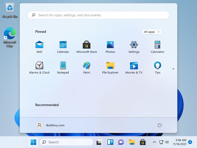Screenshot of the Windows 11 Version 21H2 desktop, notice the lack of Copilot.