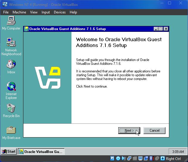 Screenshot of Oracle VirtualBox Guest Additions 7.1.6 setup program running in Windows NT 4.0 virtual machine under VirtualBox.
