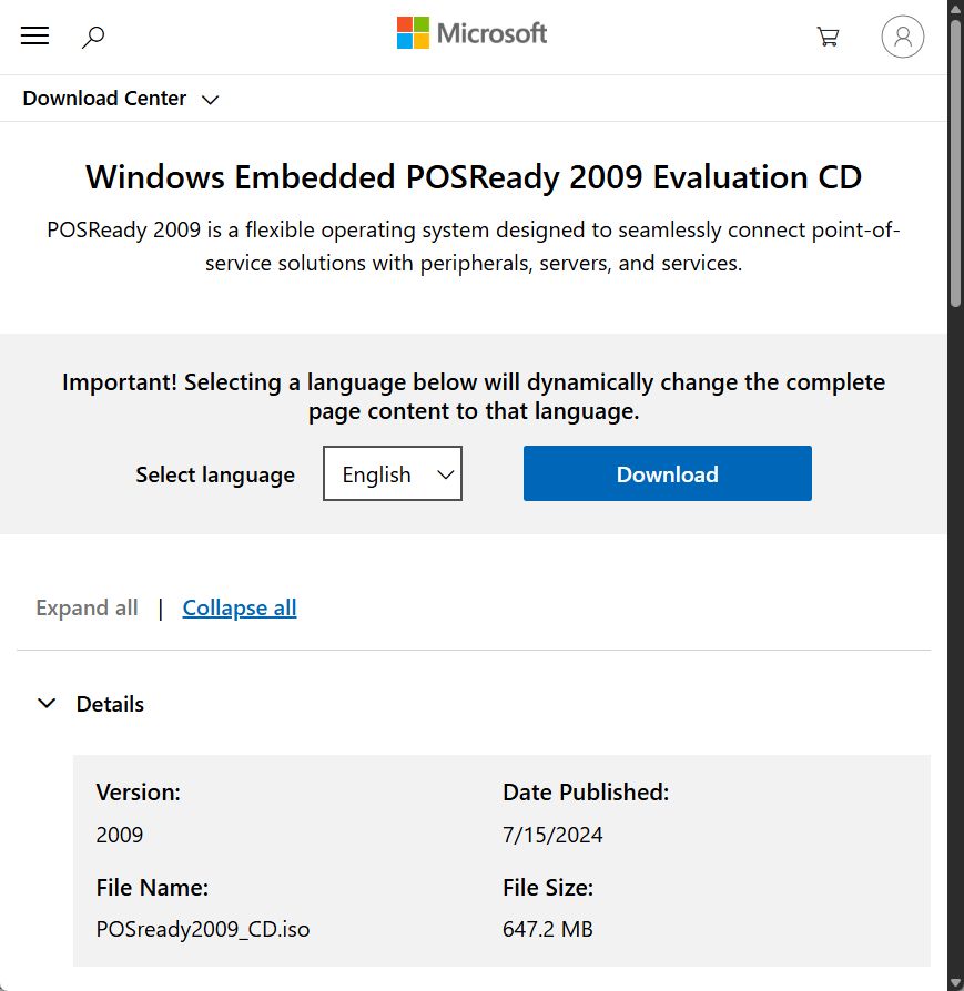 Screenshot of the Windows Embedded POSReady 2009 Evaluation CD from Microsoft Download Center website.