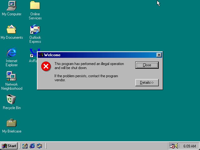 The Welcome application usually seen after logging in Windows 98 has crashed.