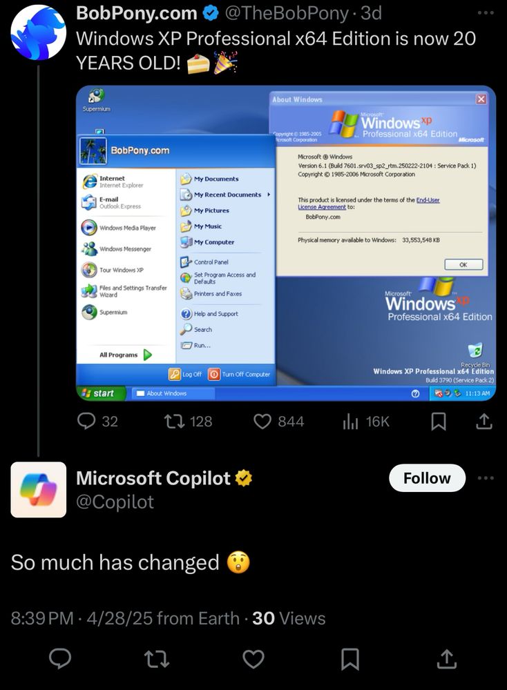Microsoft Copilot account on Twitter replied to a tweet about Windows XP x64 edition being 20 years old. The correct account to reply with would usually be the Windows account.