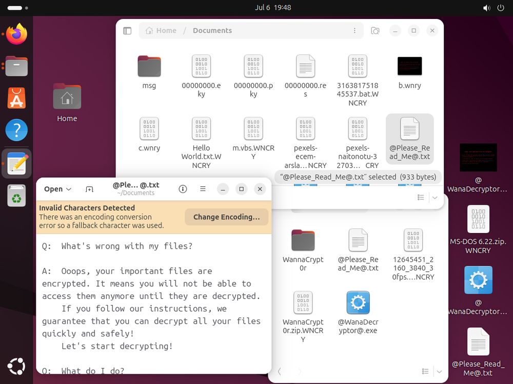 Desktop screenshot of Ubuntu showing encrypted files by the WannaCry ransomware ran under Wine, encrypted contents of the users Home folder.