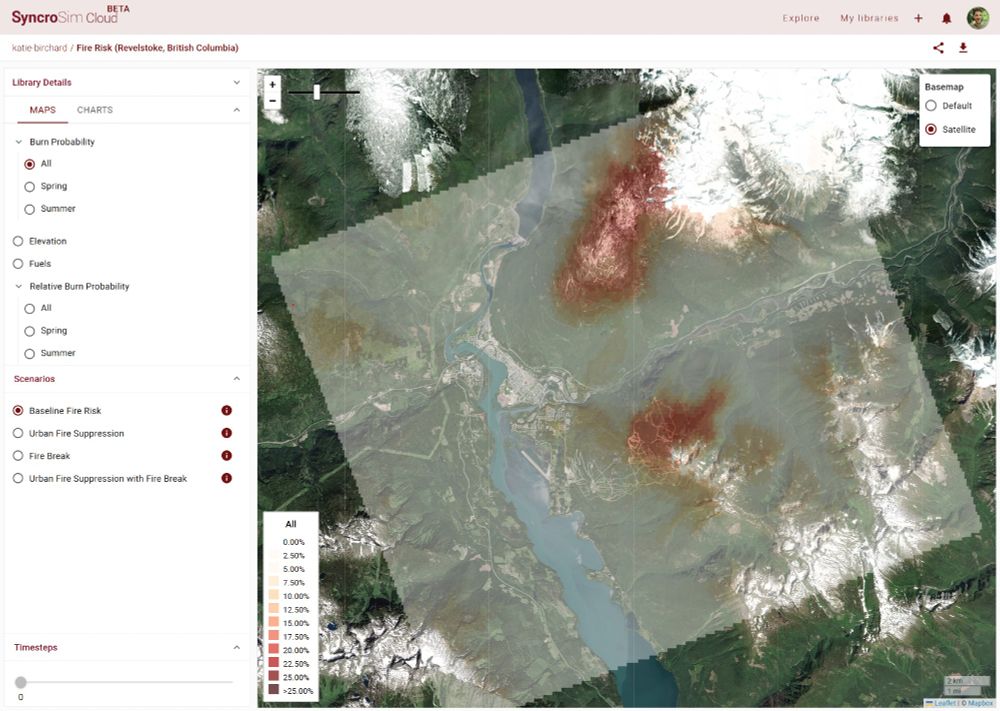A screen shot of BurnP3+ highlighting burn probability for a mountain down on the SyncroSim Cloud platform. 