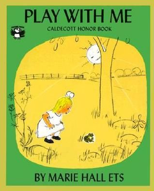 A small girl is crouched, looking at a frog in a meadow. Book title: Play with Me