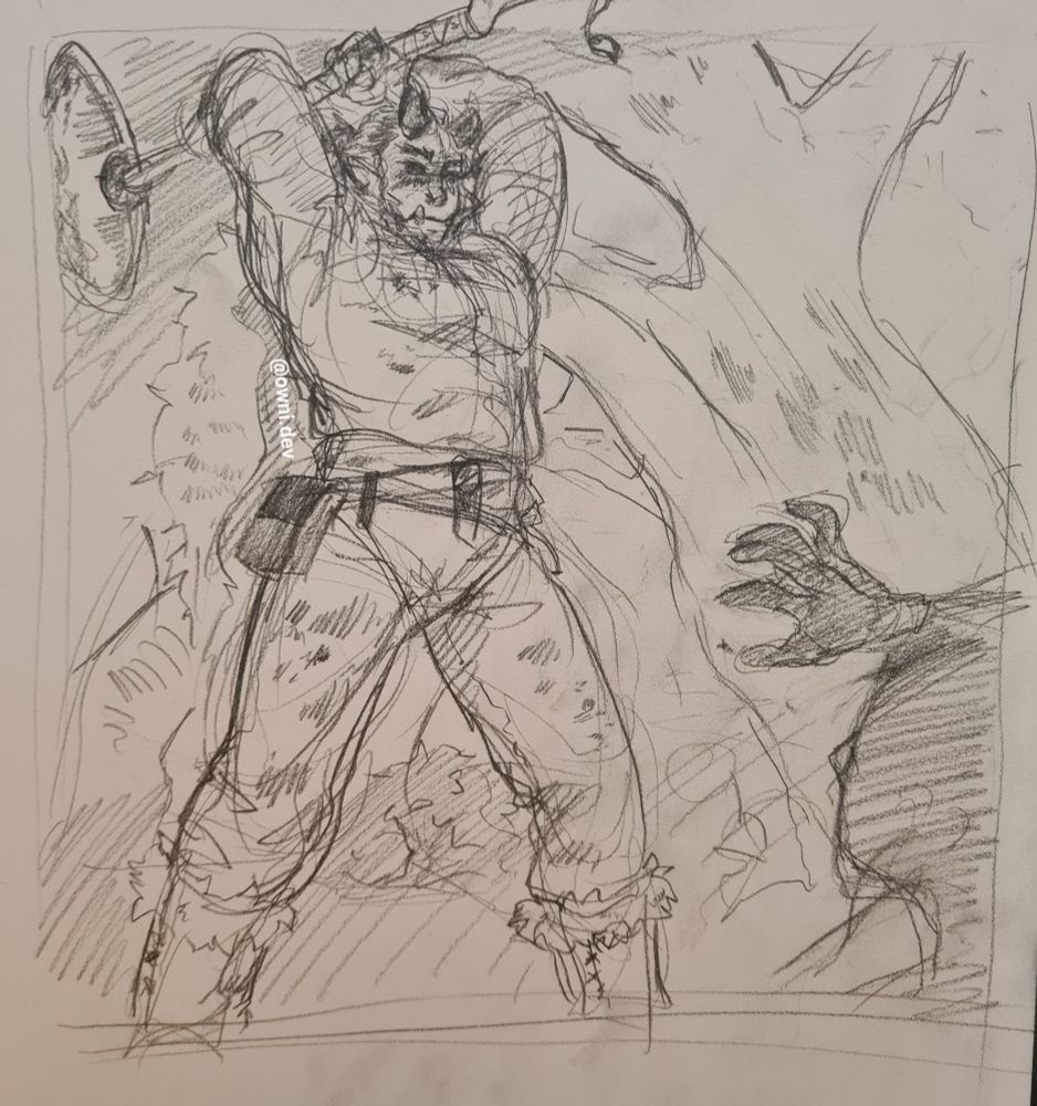 A traditionnal sketch of my half-orc half-tiefling werewolf barbarian *counting on my fingers*, wielding a great hammer up and behind her head, about to smack some poor(?) but probably guilty anonymous person on the forest ground.