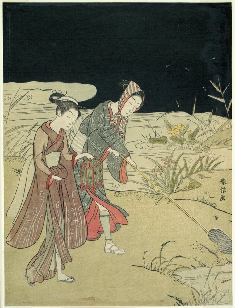 Estampe japonaise représentant deux femmes recherchant des lucioles en pleine nuit 