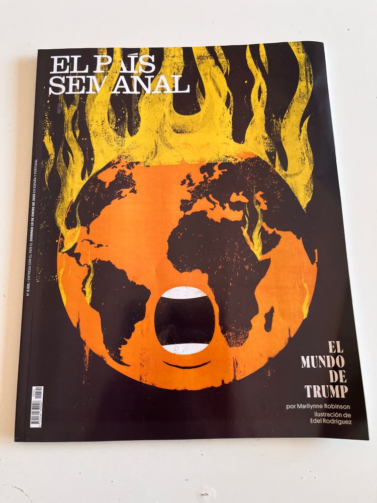 Illustration figurant en couverture du El País semanal représentant la tête de Trimp sous la forme de la planète terre en flammes. 