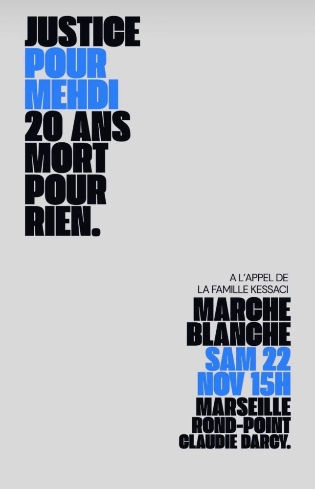 Affiche annonçant la marche blanche de ce samedi 22 novembre à Marseille en hommage à Mehdi Kessaci