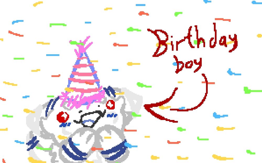 Cobolt with his mouth open, eyes sparkling, and hands together.
He has a large party hat on his head, confetti surrounds him along with an arrow pointing towards him reading "Birthday boy", stating that it is; in fact, his birthday.