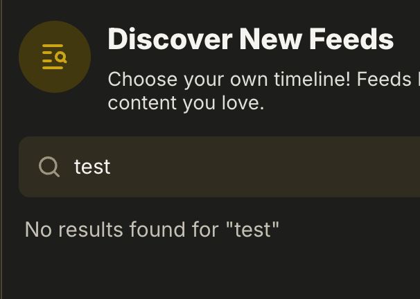 A screenshot of the Zeppelin appview client "Discover New Feeds" pane. The query test has returned: No results found for "test"