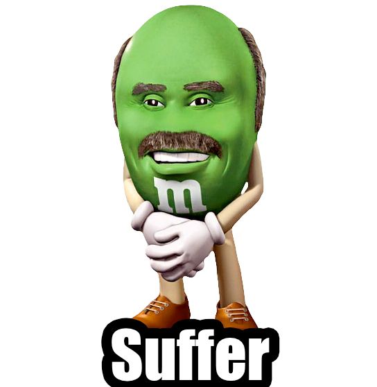 Green Dr. Phil M&M. The caption says "suffer."