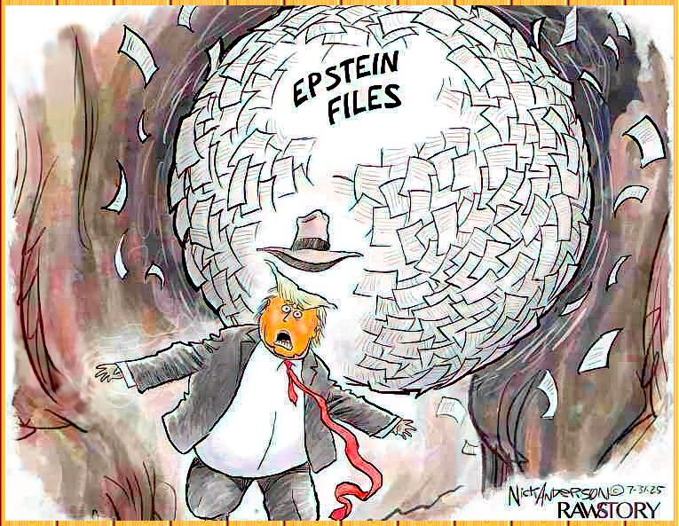 Donald Trump running away from a giant ball of papers labeled “Epstein files.”