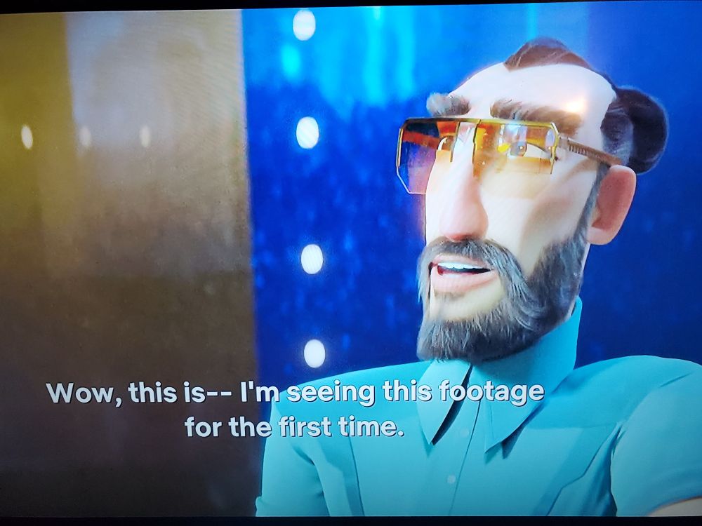 Screenshot from an animated movie. Scientist guy, caught in a lie, looking at video evidence against him, saying "Wow, this is ... I'm seeing this footage for the first time. "