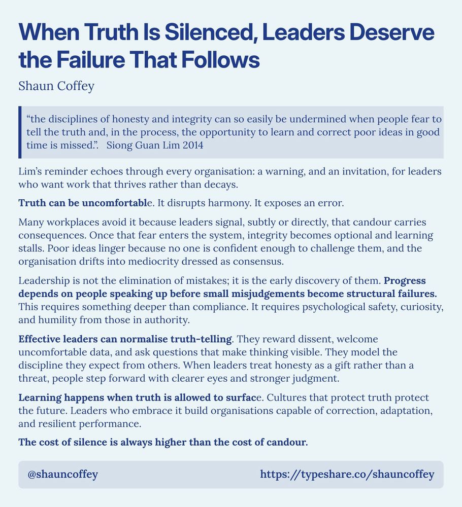 A screenshot essay with the title 'When Truth Is Silenced, Leaders Deserve the Failure That Follows.' The essay discusses the importance of honesty and integrity within organizations as quoted by Siong Guan Lim in 2014. It emphasizes that fear of truth can hinder learning and excellence in the workplace. The body text highlights how avoiding uncomfortable truths can lead to mediocrity and failures. It argues that effective leadership involves fostering an environment where truth-telling is normalized, where leaders reward dissent and create psychological safety. The conclusion stresses that embracing truth is essential for organizational resilience and that the cost of silence always outweighs the cost of candor.