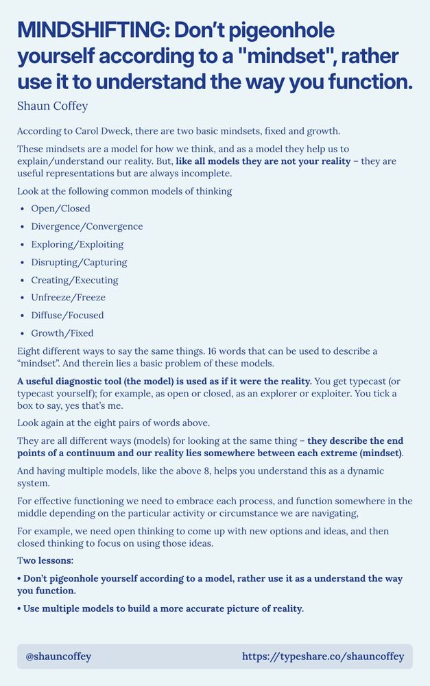 The screenshot essay titled 'MINDSHIFTING: Don’t pigeonhole yourself according to a "mindset"...' discusses the concept of mindsets, referencing Carol Dweck's theory of fixed and growth mindsets. It highlights that mindsets are models to understand how we think but are not the complete reality. A list of common thinking models including Open/Closed, Divergence/Convergence, Exploring/Exploiting, Disrupting/Capturing, Creating/Executing, Unfreeze/Freeze, Diffuse/Focused, and Growth/Fixed is presented. The essay stresses the importance of not being typecast by these models and how reality exists on a continuum between extremes. It concludes with two key lessons about using models to better understand functioning.