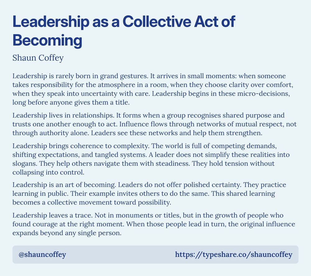 Screenshot essay titled 'Leadership as a Collective Act of Becoming.' The body text discusses leadership as emerging from small moments of responsibility and clarity instead of grand gestures. It emphasizes that leadership is rooted in relationships and shared purpose, fostering trust and mutual respect among individuals. The text explains that leaders navigate complex realities without oversimplifying them and that true leadership is a continual process of becoming, with an emphasis on public learning and collective movement. Lastly, it states that leadership's impact is seen not in titles but in the growth of individuals who inspire others.