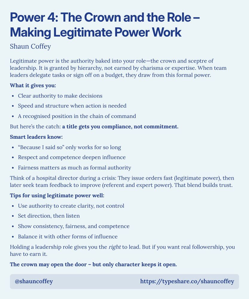 Screenshot essay titled 'Power 4: The Crown and the Role – Making Legitimate Power Work'. The content discusses legitimate power, defined as authority inherent to a role rather than earned through charisma or expertise. It lists the benefits of legitimate power including authority to make decisions, speed in action, and recognition in the chain of command. It emphasizes that a title ensures compliance but not commitment, highlighting smart leadership tactics like valuing respect, competence, and fairness. The essay includes an example of a hospital director and provides tips for effectively using legitimate power while balancing it with other influences. It concludes by asserting that true followership requires earning trust, not just holding a title.