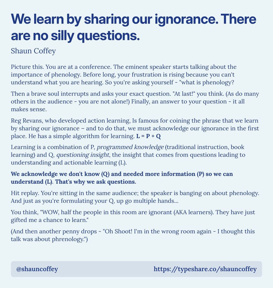 Screenshot essay titled 'We learn by sharing our ignorance. There are no silly questions.' The text discusses an experience at a conference where a speaker talks about phenology, but the audience struggles to understand. A person in the audience asks the same question about phenology, which many others also want to know. It references Reg Revans' learning algorithm: L = P + Q, where L is learning, P is programmed knowledge, and Q is questioning insight. The essay emphasizes the importance of asking questions to acknowledge ignorance, leading to understanding. It humorously concludes with the author realizing they misunderstood the topic, thinking it was about phrenology instead.