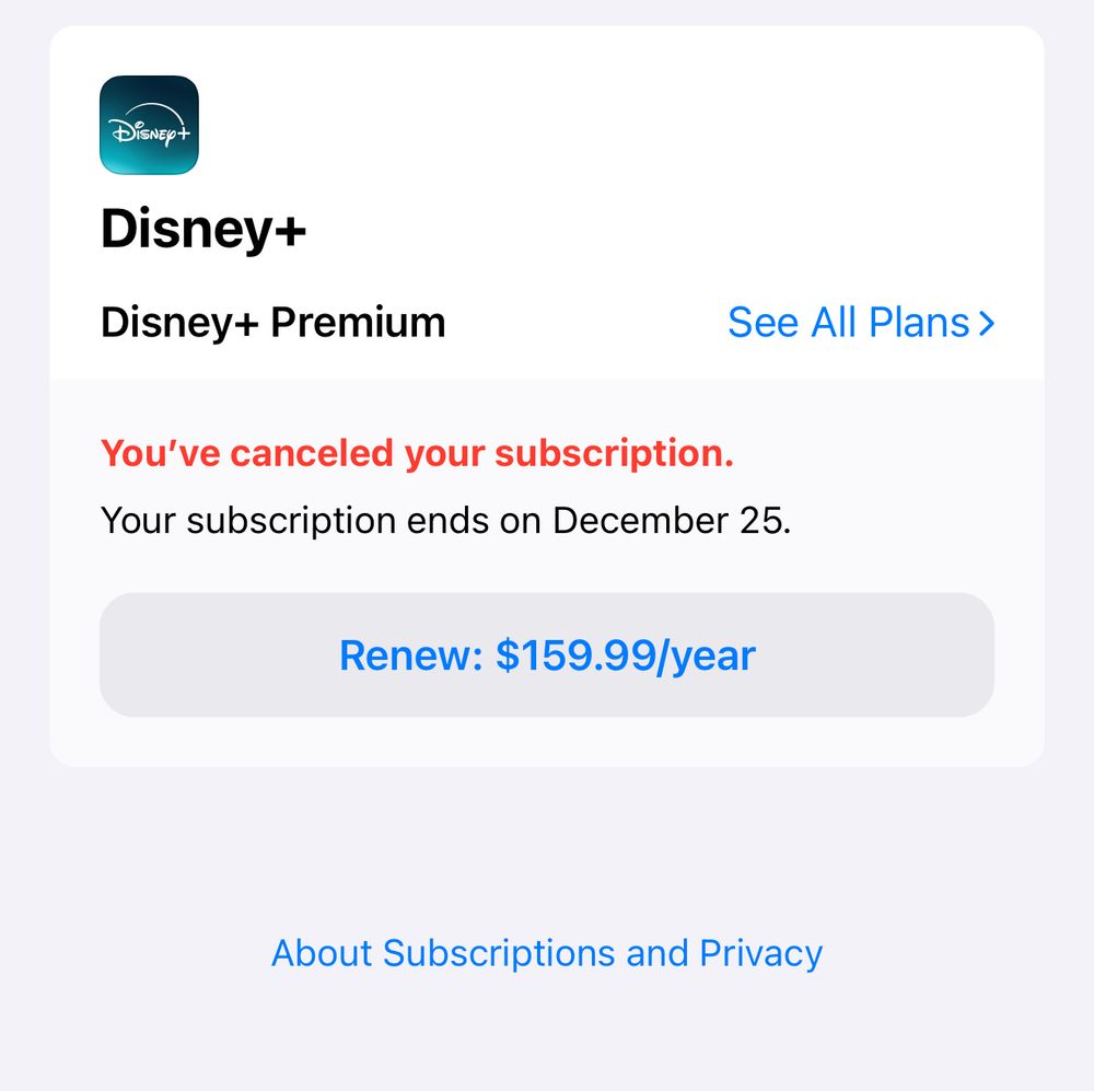 Screenshot of Disney+ account being canceled