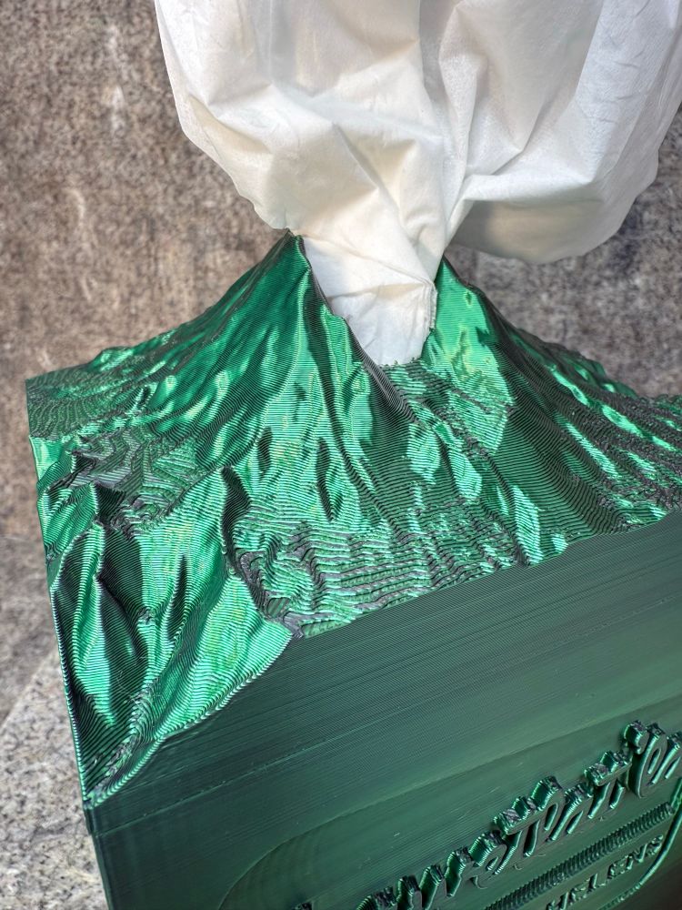 Black and green Mount Saint Helens volcano tissue box top cover. It looks green from One Direction and black from the other.