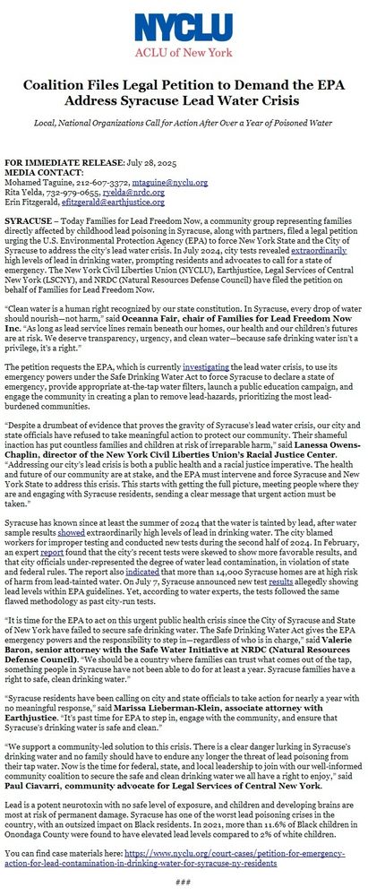 NYCLU press release announcing that a coalition the NYCLU is a part of has filed a legal petition to demand the EPA address the Syracuse lead water crisis.