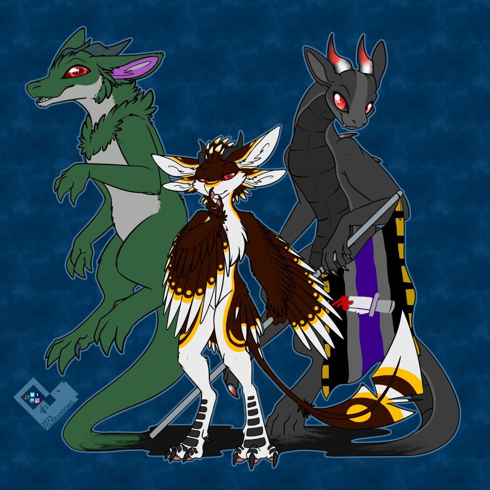 Digital art showing three characters. An avali standing in front, holding a Fucking Problem themed flag behind them while holding a finger to their lips. Their shadow has seeped behind them, manifesting into two other characters. Basically showing three parts of one person.
