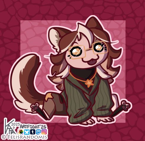 Digital art of a cat-like character sitting down with beans out and blepping