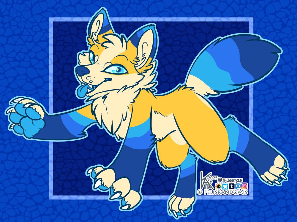 Digital art of a yellow and blue canine character in a general floating pose