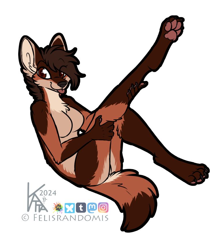 Digital art of a maned wolf character sitting back while holding up her leg to show it off.