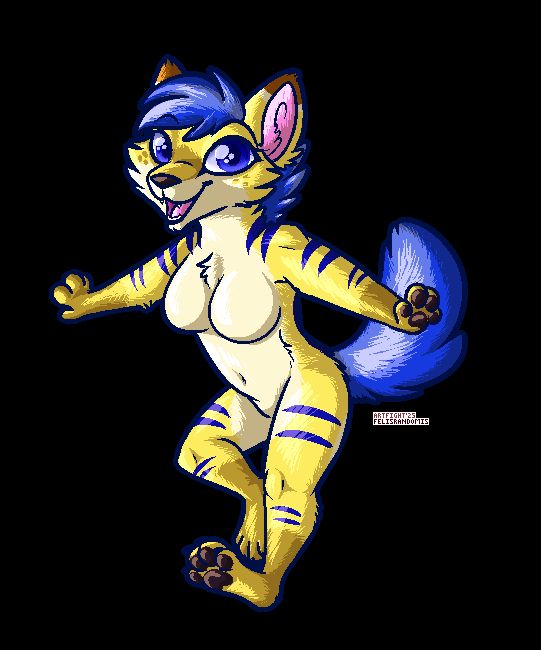 Digital pixel art of a yellow and blue striped maned wolf character