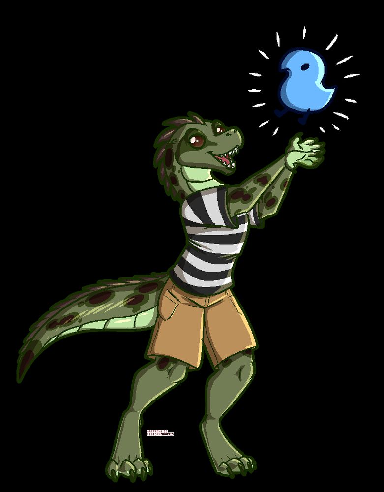 Digital pixel art of a snalligator character (snake alligator hybrid) holding up a Wug (a very simple shaped blue bird-like creature) 
