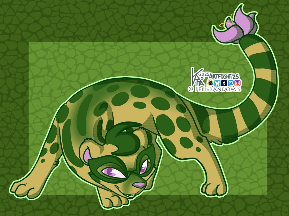 Digital art of a weasel-type character that is plant based with a pink flower at the tip of their tail and a bandit mask made from leaves. They are an original Pokemon type character.