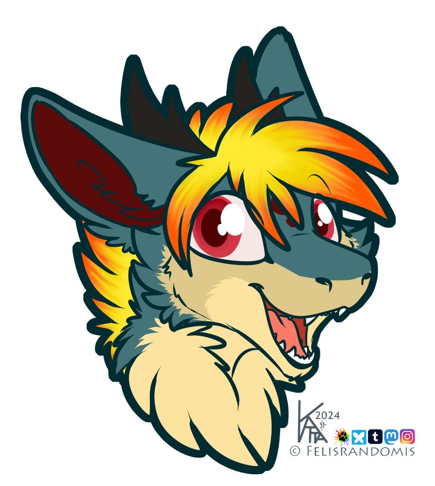 Digital headshot art of a dark teal and tan fluffy dragon with firey colored mane and red eyes