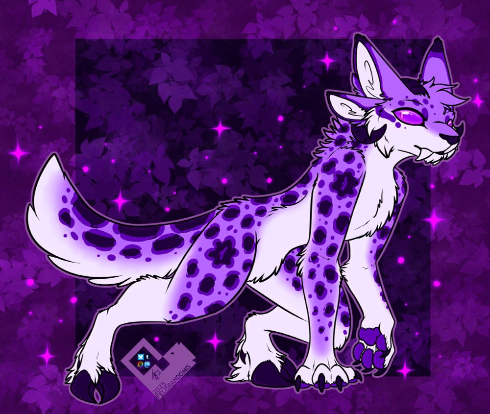 Digital art of a Catyr (cat/satyr) character in a crouched pose, their colors have been altered into purple hues and have started to glitter due to being integrated into the Enderen Taiga.