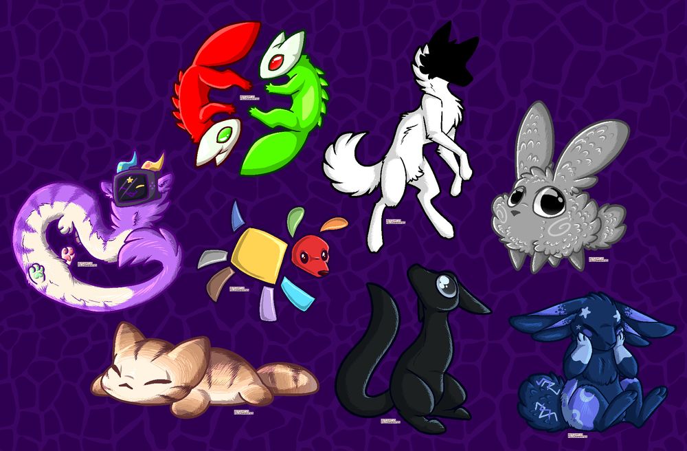 Digital pixel art of several different little simple shaped characters, including a purple worm with TV head, a pair of lizard like creatures, a void faced canine, a bread cat, a colorful multi-block dog, a dust bunny, a blue bunny, and a two legged dark grey creature