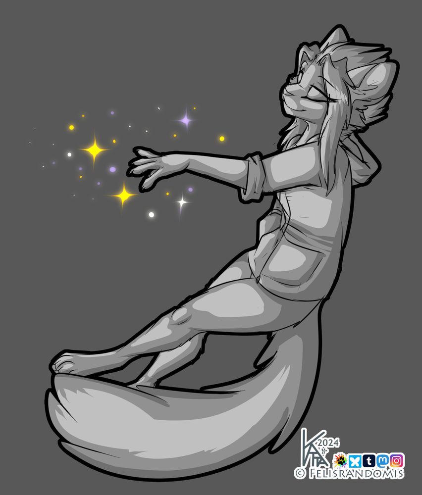 black and white sketch of my cat OC, with a sad smile. There are purple/yellow sparkles around her outstretched hand.