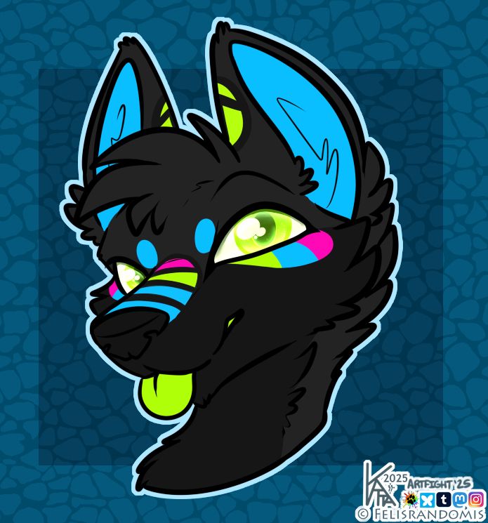 Digital art headshot of a canine character blepping with a bright green tongue