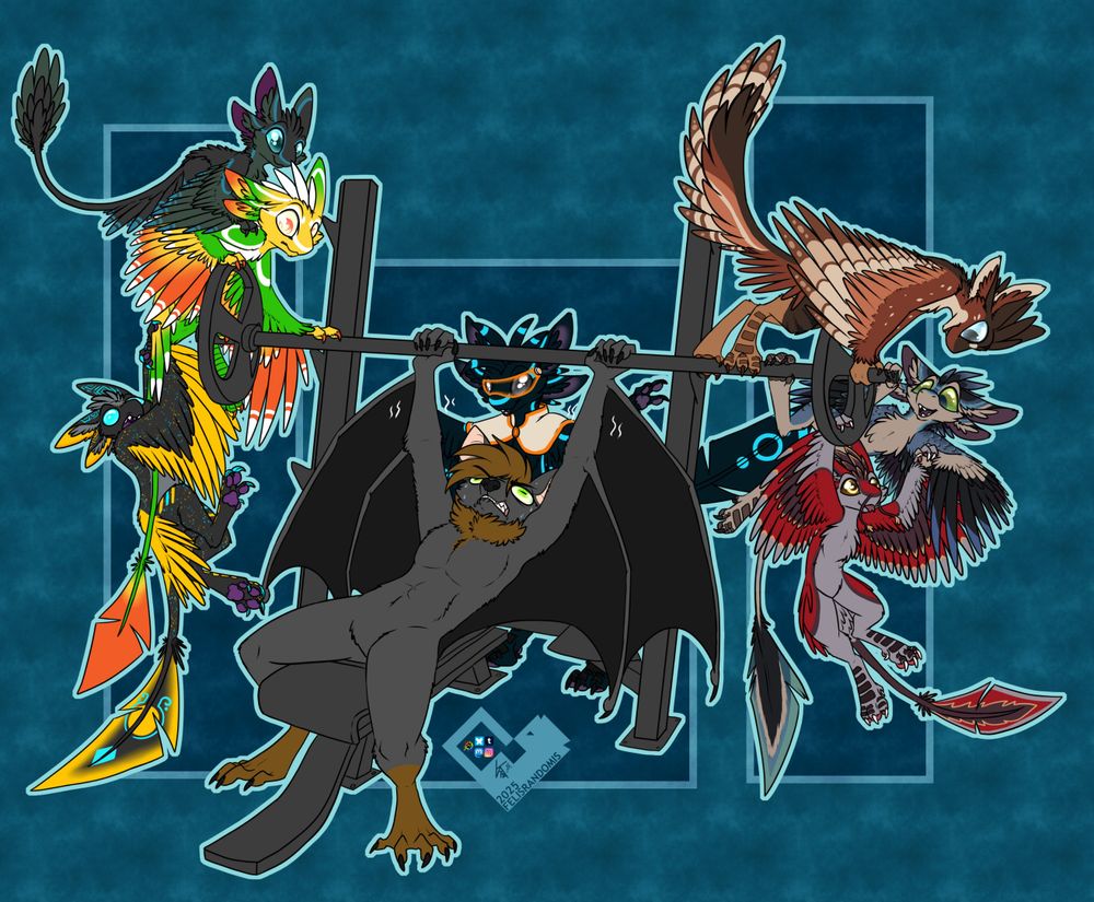 Digital art of a bat character harcore getting into working out by lifing a bunch of avali as the weights on his bench. There's an Avali spotter as well. Three avali are on either side of the bar. There is a total of thirty ears in this picture