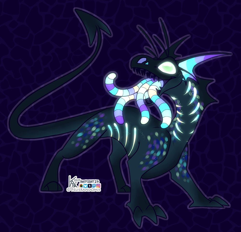 Digital art of an Alien Draconic Bounty Hunter that is reminiscent of a deep marine sea creature. In a general quadruped standing pose showing off their glowing mouth and stripes