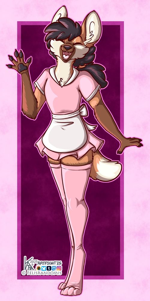 Digital art of a maned wolf character in diner waitress wear happily waving at the viewer.