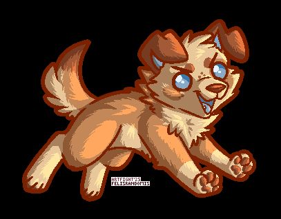 Digital pixel art of a puppy character in mid leap