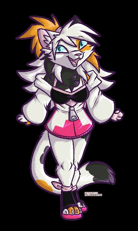 Digital pixel art of a calico cat character in a general happy pose