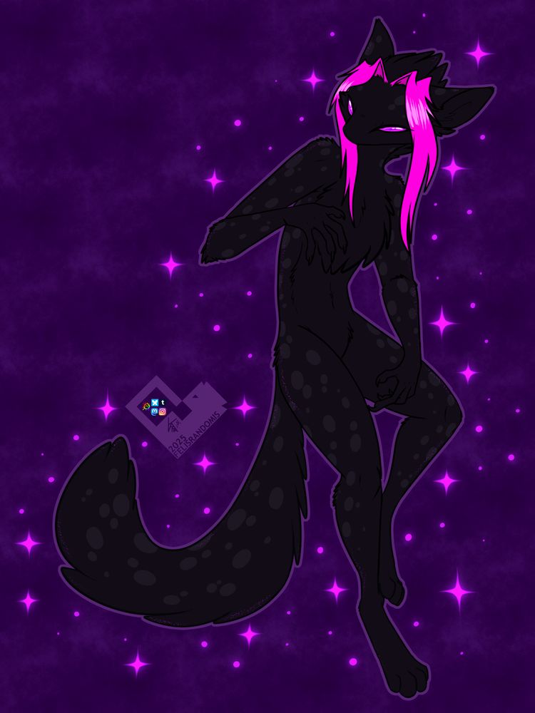 Digital art of an enderman creature. Feline in shape with plenty of purple sparkles around her. 