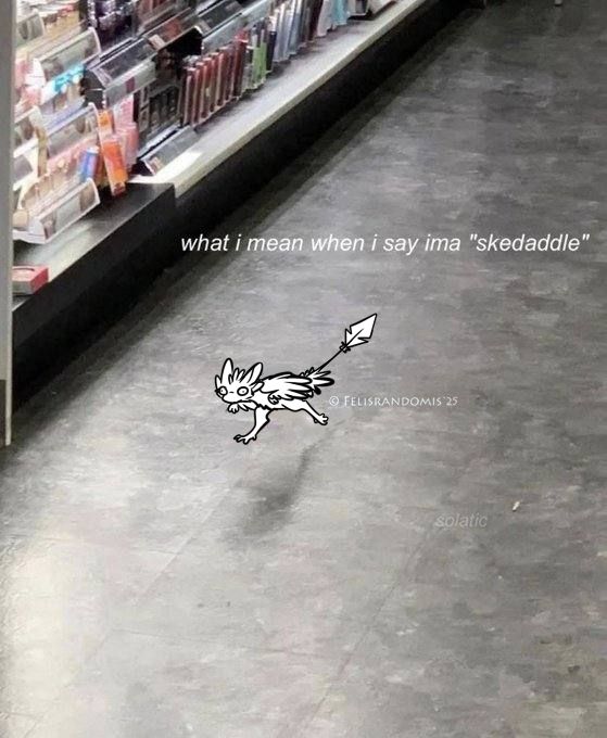 meme draw over with an avali doing a skedaddle