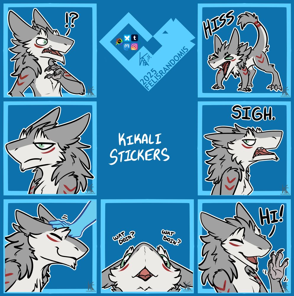 Digital art of a sergal character made for telegram/discord stickers. Incredulous look, looking annoyed, getting headpats, snoot against the glass asking "what doing?", waving hi, big annoyed sigh, and gremlin pose and loudly hissing