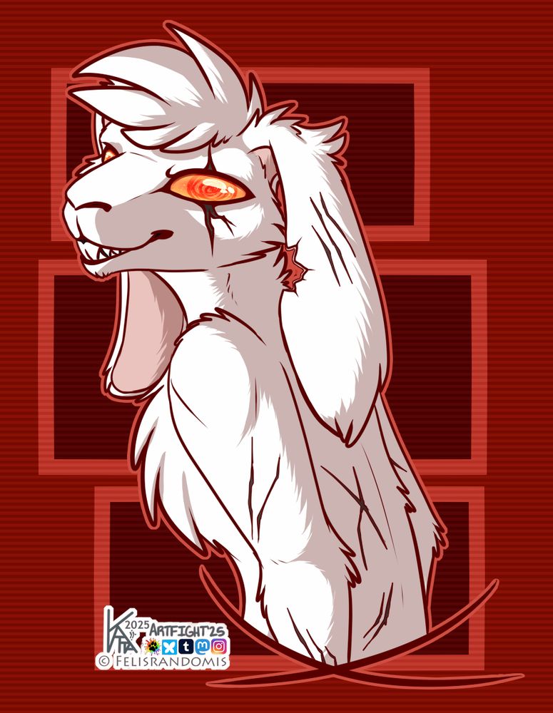 Digital art of a scarred up bunny character looking back over his shoulder at the viewer with a slightly crazed expression