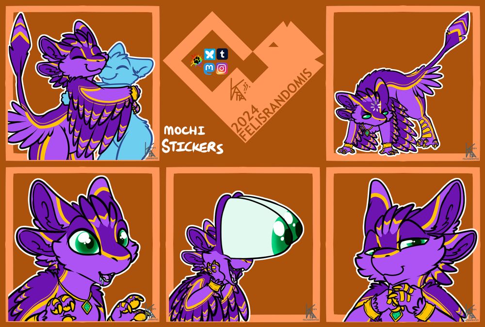 Digital art of a chubby Avali character made for telegram/discord stickers. Hugging a YCH, Looking hungrily at something off screen, Cartoonishly big awooga eyes, looking smug, and standing on all fours with a loading icon on their forehead.
