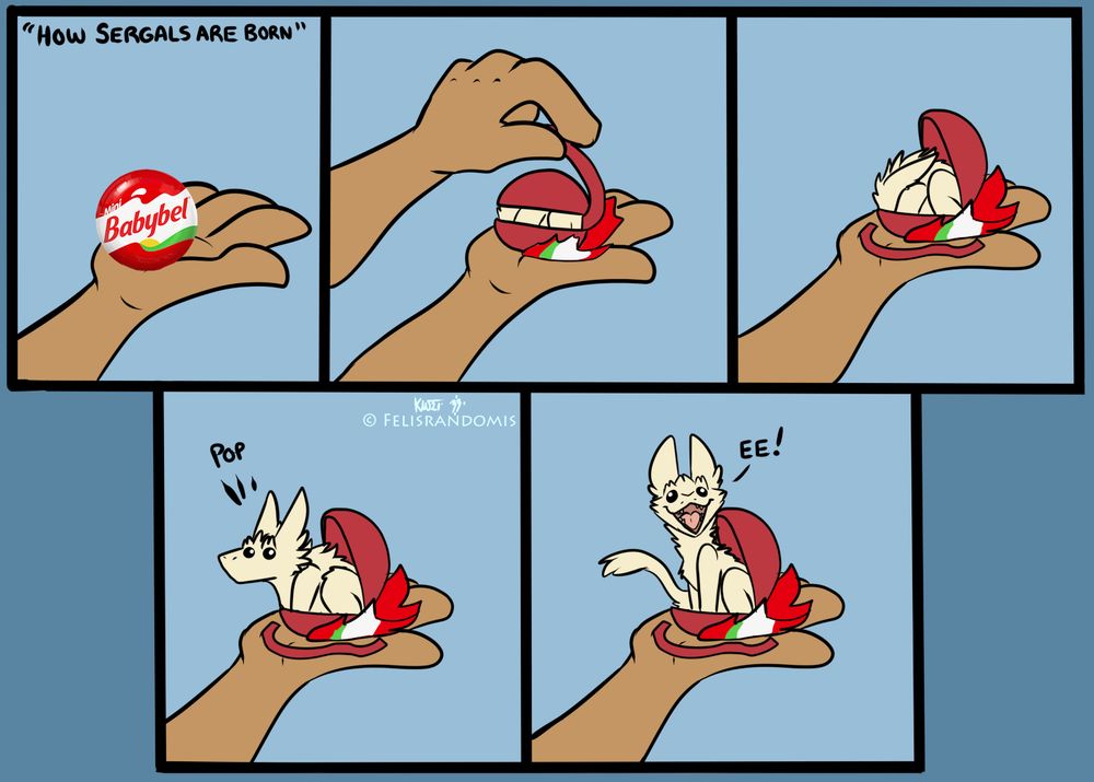 Digital comic of a sergal baby being born out of a babybel cheese wheel