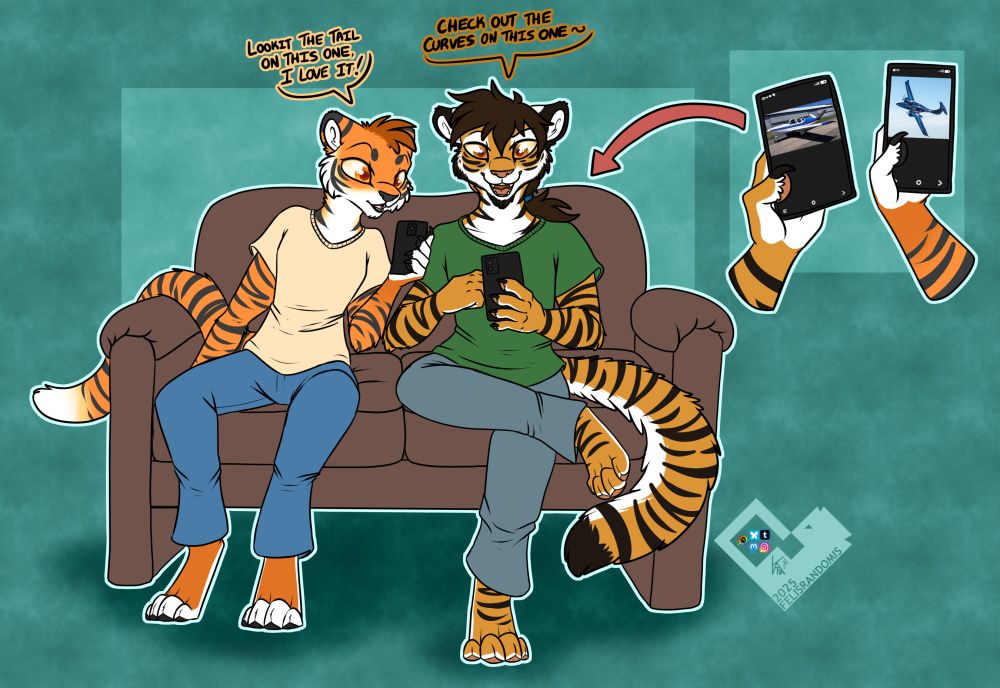 Digital art of two tigers sitting on a couch looking at their phones, talking in certain ways about some pictures on their phones. Tim says "Look at the tail on this one, I love it!" while Bob says "Check out the curves on this one". It then shows a close up of both phones with different pictures of airplanes.