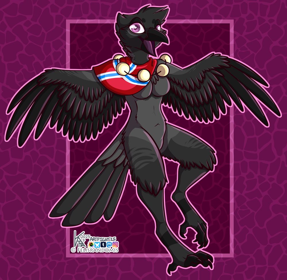 Digital art of a corvid type character with wings spread in a general standing type pose